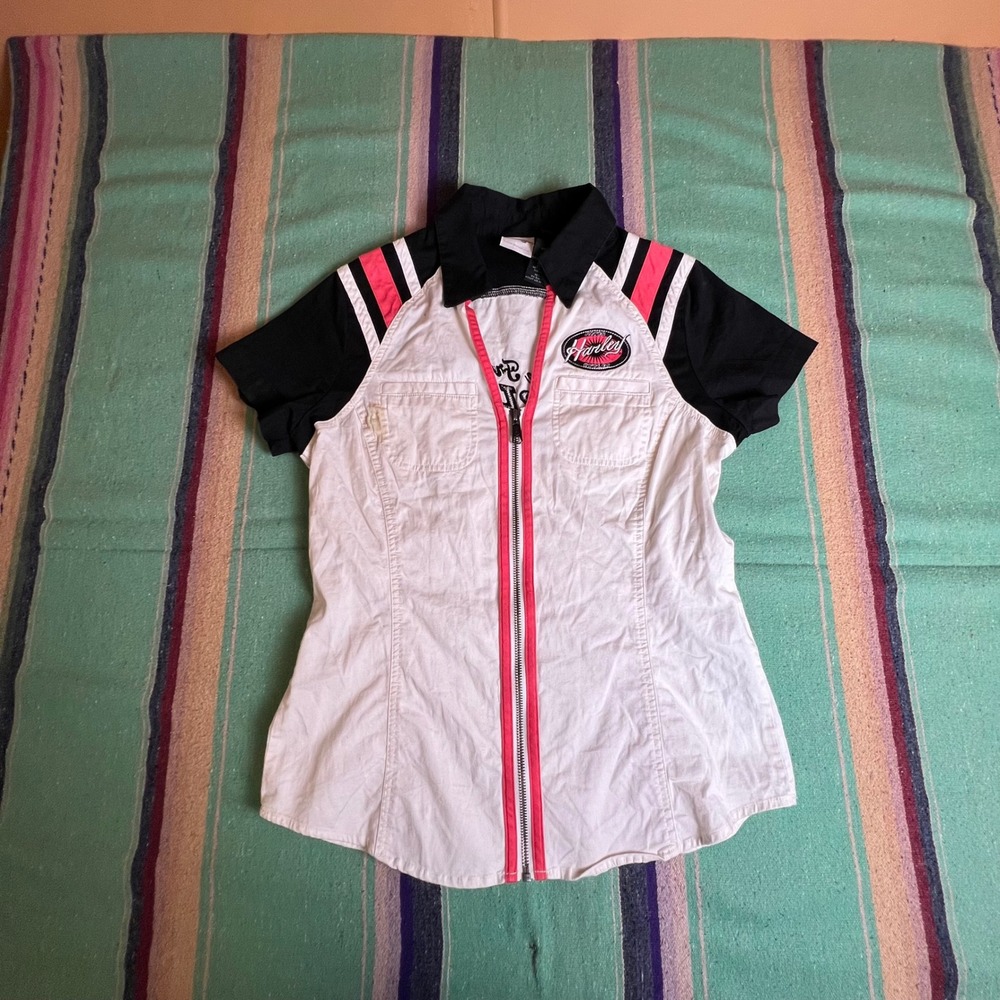 Harley Davidson Shirt Womens Small White Pink Zip Front Racing Biker Moto Top
